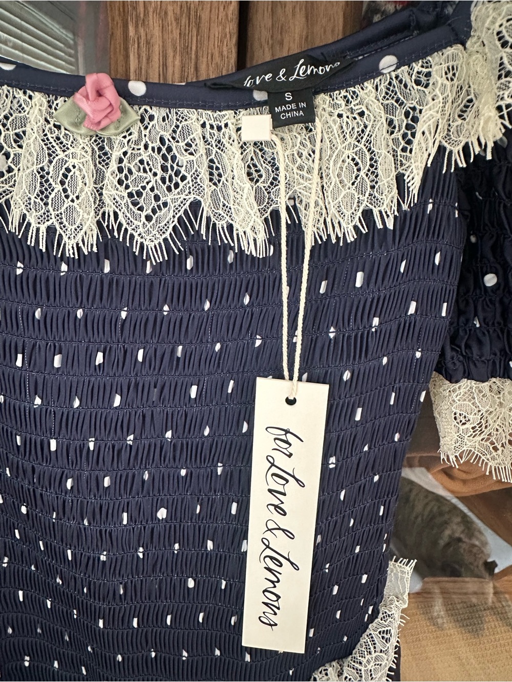 For Love And Lemons Navy Polka Dot Lace-Trim Mini Dress - Picture 6 of 8